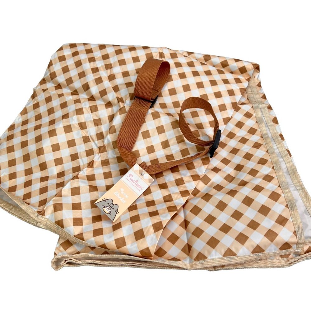 Pusheen Picnic Blanket Roll Carrying Handles Cat Graphic Plaid Brown NWT